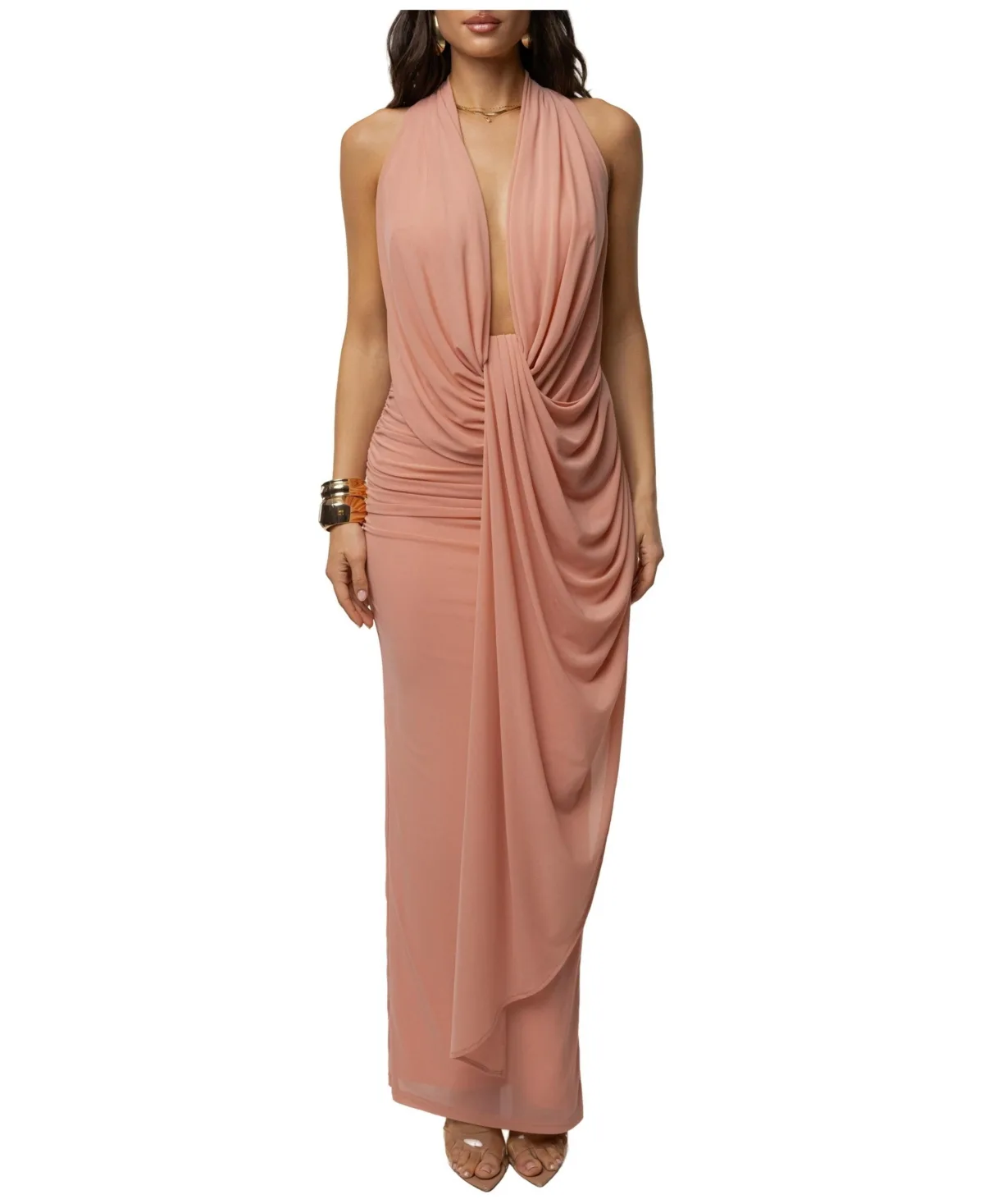 Jluxlabel Women's Alaina Plunge Maxi Dress - Peach — bias-cut slip dress for an hourglass figure
